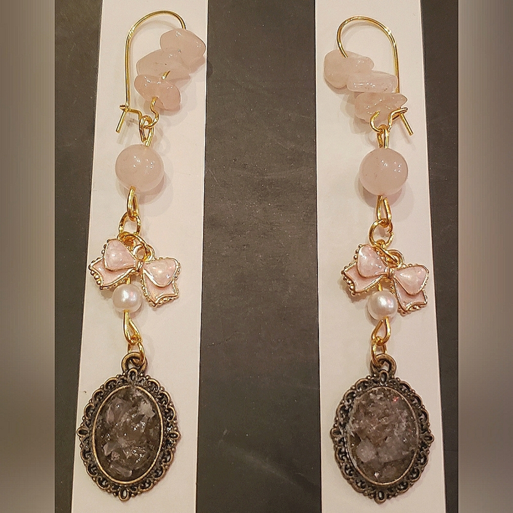 Handmade Bows & Rose Quartz Pendants Dangle Earrings